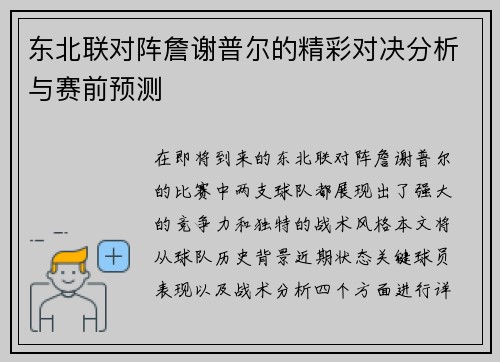 东北联对阵詹谢普尔的精彩对决分析与赛前预测