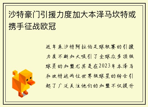 沙特豪门引援力度加大本泽马坎特或携手征战欧冠