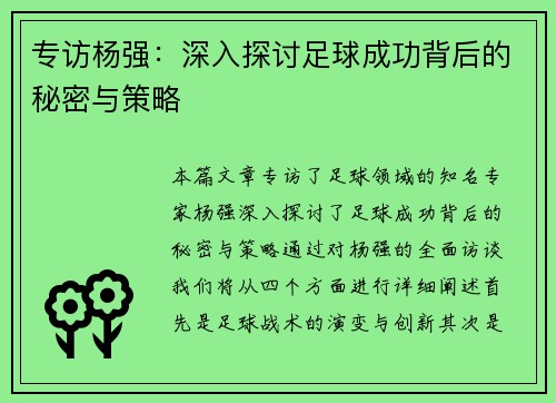 专访杨强：深入探讨足球成功背后的秘密与策略