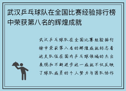 武汉乒乓球队在全国比赛经验排行榜中荣获第八名的辉煌成就