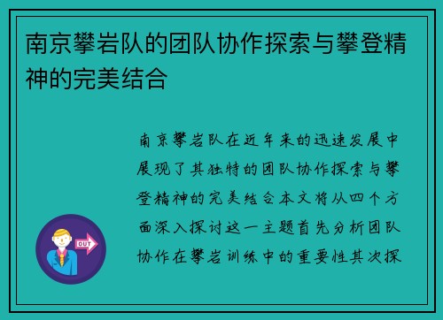 南京攀岩队的团队协作探索与攀登精神的完美结合